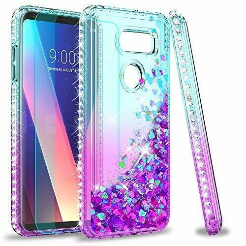 LG V35 ThinQ Case With HD Screen Protector Girls Women Quicksand Teal/Purple