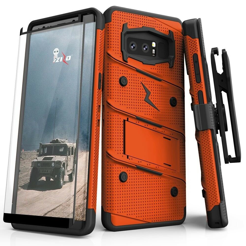 Fot Galaxy Note 8 Curved Full Glass Screen Protector Holster Case Orange/Black