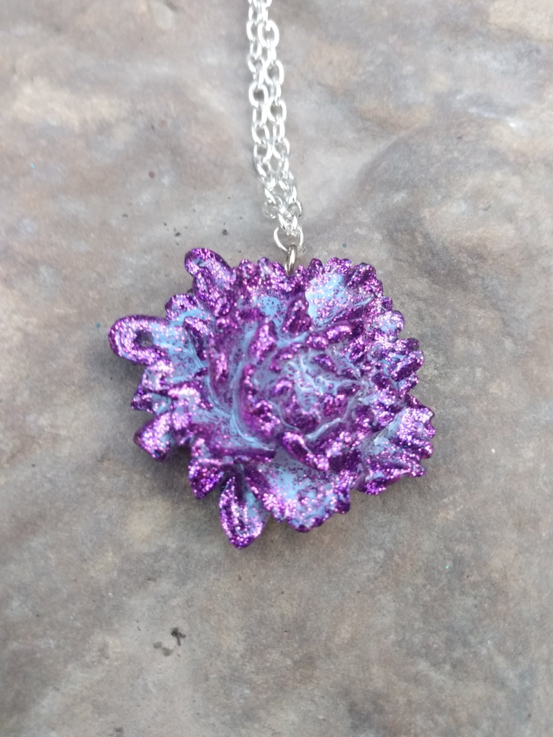 Purple glitter rose pendant necklace