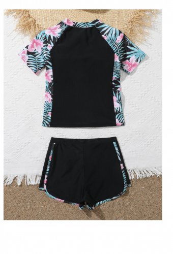 Tween Tropical Print Zipper Front Rash guard Swimsuit size 8