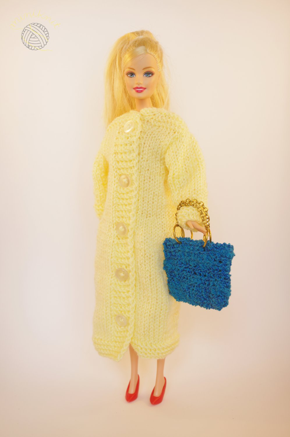 hand knitted coat with fashionable blue bag for Barbie // ooak // PERFECT GIFT