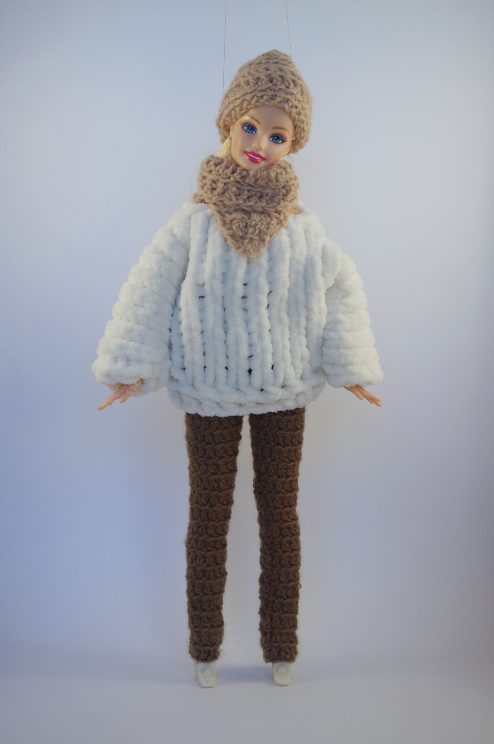 White sweater, brown pants and beige hat and triangle scarf - hand knitted for Barbie | PERFECT GIFT