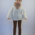 White sweater, brown pants and beige hat and triangle scarf - hand knitted for Barbie | PERFECT GIFT