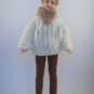 White sweater, brown pants and beige hat and triangle scarf - hand knitted for Barbie | PERFECT GIFT