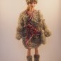 All hand knitted uniquely designed winter outfit (coat, hat, boots and purse) for Barbie