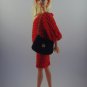 Hand knitted elegant red outfit (sweater, skirt, headband and black purse) for Barbie