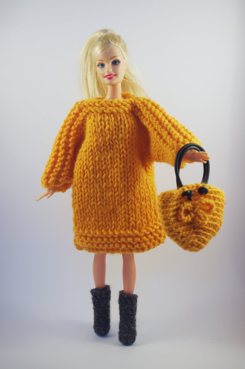 hand knitted long-sleeve yellow-orange oversized dress + matching bag + boots for Barbie