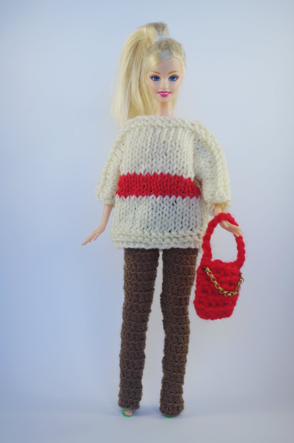hand knitted 3/4 cream-red sweater + long brown pants + red purse for Barbie doll