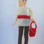 hand knitted 3/4 cream-red sweater + long brown pants + red purse for Barbie doll