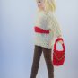 hand knitted 3/4 cream-red sweater + long brown pants + red purse for Barbie doll
