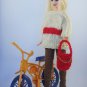 hand knitted 3/4 cream-red sweater + long brown pants + red purse for Barbie doll