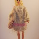 hand knitted oversized outfit+bag for Barbie // cream sweater-dress with a pink bag //GIFT
