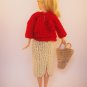 hand knitted 2-piece outfit+bag for Barbie doll// red sweater+cream skirt+beige bag