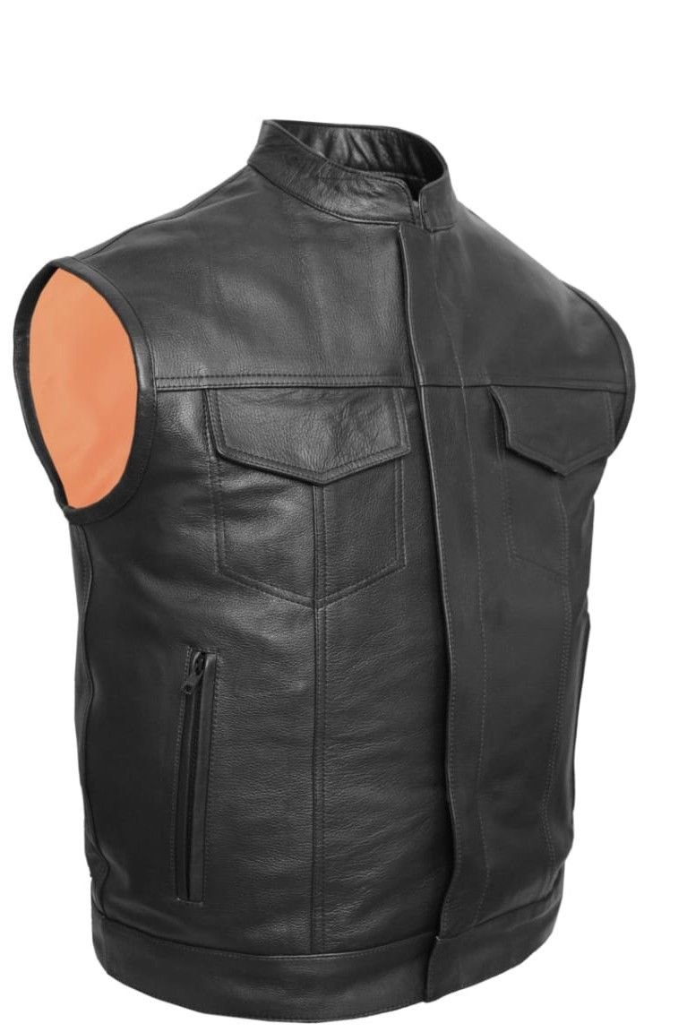 Mens Motorcycle Club Leather Vest 2 Front Pockets W/Zipper Inside Gun & Mobile Pocket