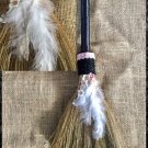 White feather witch broom, Wiccan besom porch decor, broomstick home accessory