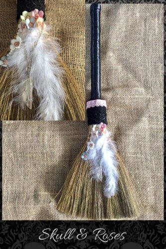 White feather witch broom, Wiccan besom porch decor, broomstick home accessory