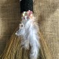 White feather witch broom, Wiccan besom porch decor, broomstick home accessory