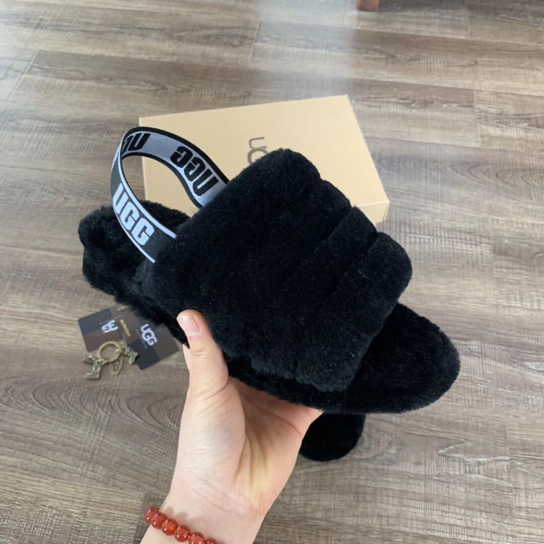 Black Size US9=Eur40 Women Furry Slippers Australia Fluff Yeah Slides Fur Slides Slippers