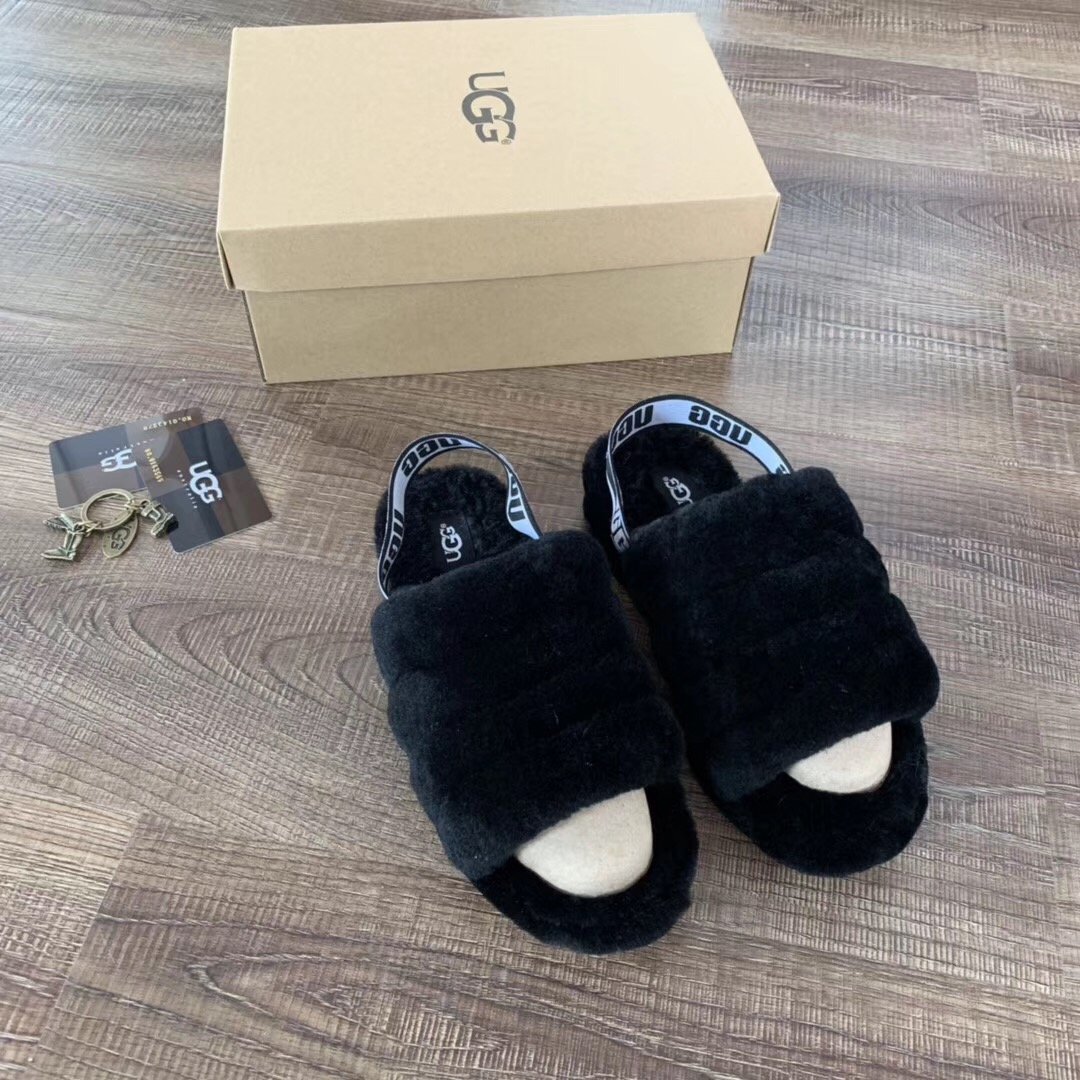 Black Size US5=Eur36 Women Furry Slippers Australia Fluff Yeah Slides Fur Slides Slippers