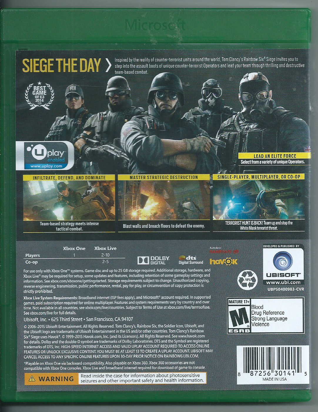 Tom Clancy's Rainbow Six Siege (Microsoft Xbox One, 2015, Works Great)