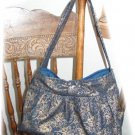 Pleated button Tote Purse, glitter gold print denim, medium/large, many extras