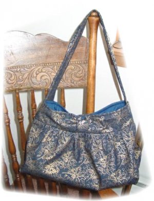 Pleated button Tote Purse, glitter gold print denim, medium/large, many extras