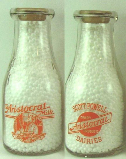 SCOTT-POWELL, (embossed dairy name) Aristocrat Milk Milk Bottle pyr PT ...