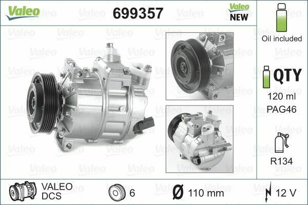 VALEO 699357 Compressor, air conditioning for AUDI, PROTON, SEAT, SKODA, VW
