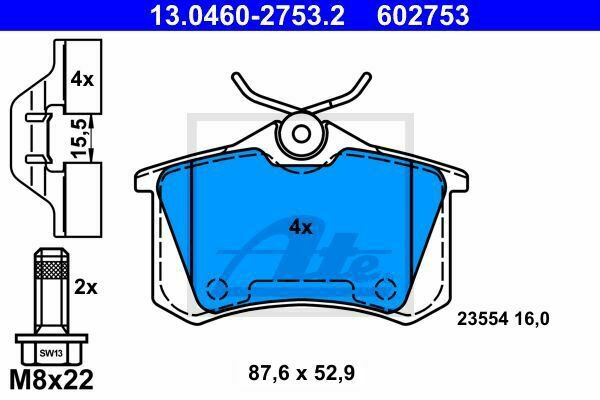 ATE 13.0460-2753.2 Brake Pad Set, disc brake for RENAULT