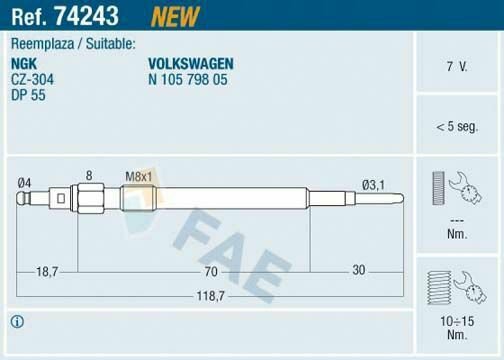 FAE 74243 Glow Plug for AUDI, SEAT, SKODA, VW