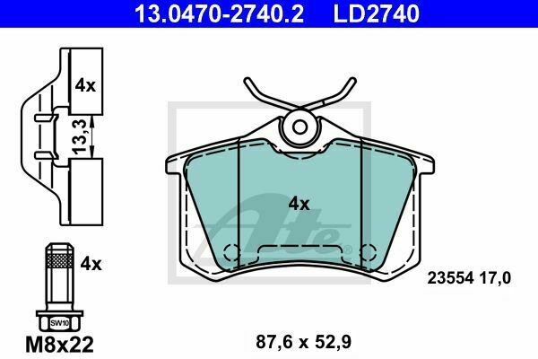 ATE 13.0470-2740.2 Brake Pad Set, disc brake for CITRO&Atilde;�N, DS, PEUGEOT, RENAULT
