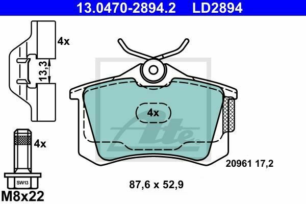 ATE 13.0470-2894.2 Brake Pad Set, disc brake for AUDI, SEAT, SKODA, VW