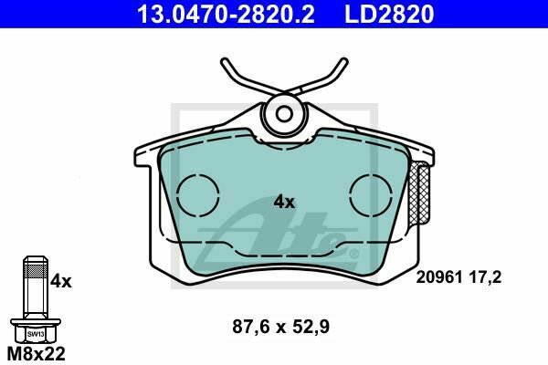 ATE 13.0470-2820.2 Brake Pad Set, disc brake for AUDI, CITRO&Atilde;�N, PEUGEOT, SEAT, S