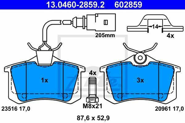 ATE 13.0460-2859.2 Brake Pad Set, disc brake for FORD, SEAT, VW