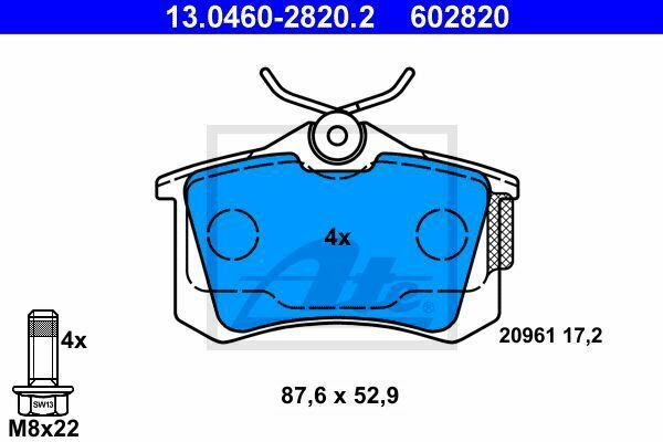 ATE 13.0460-2820.2 Brake Pad Set, disc brake for AUDI, CITRO&Atilde;�N, PEUGEOT, SEAT, S