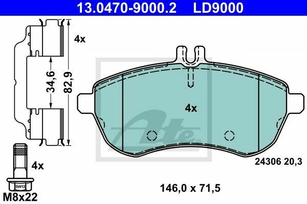 ATE 13.0470-9000.2 Brake Pad Set, disc brake for MERCEDES-BENZ