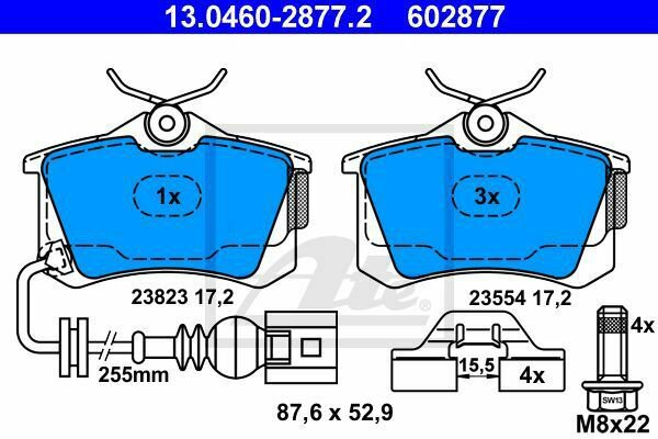 ATE 13.0460-2877.2 Brake Pad Set, disc brake for SEAT, VW