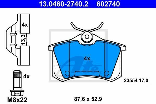 ATE 13.0460-2740.2 Brake Pad Set, disc brake for CITRO&Atilde;�N, DS, PEUGEOT, RENAULT