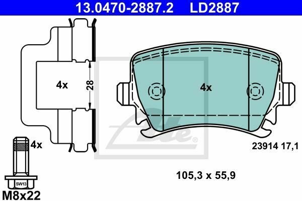 ATE 13.0470-2887.2 Brake Pad Set, disc brake for AUDI, SKODA, VW