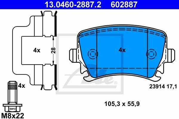 ATE 13.0460-2887.2 Brake Pad Set, disc brake for AUDI, SKODA, VW