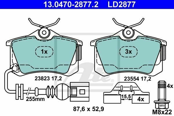 ATE 13.0470-2877.2 Brake Pad Set, disc brake for SEAT, VW