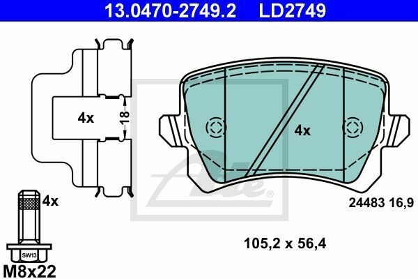ATE 13.0470-2749.2 Brake Pad Set, disc brake for AUDI, SEAT, SKODA, VW