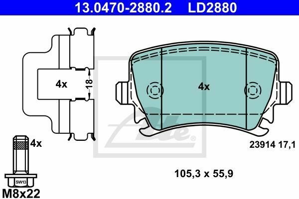 ATE 13.0470-2880.2 Brake Pad Set, disc brake for AUDI, SEAT, SKODA, VW