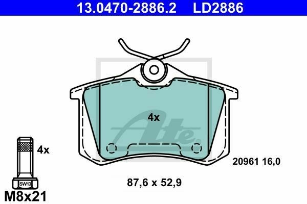 ATE 13.0470-2886.2 Brake Pad Set, disc brake for AUDI, SEAT, SKODA, VW