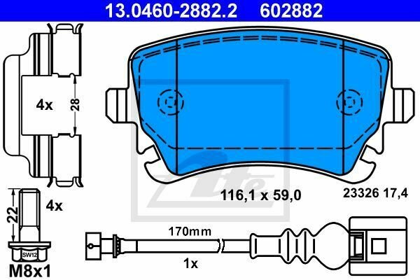 ATE 13.0460-2882.2 Brake Pad Set, disc brake for VW