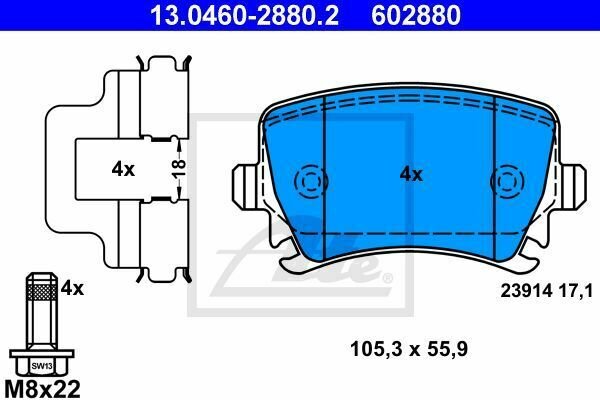 ATE 13.0460-2880.2 Brake Pad Set, disc brake for AUDI, SEAT, SKODA, VW