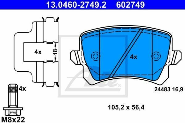 ATE 13.0460-2749.2 Brake Pad Set, disc brake for AUDI, SEAT, SKODA, VW
