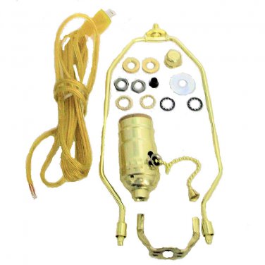 BRASS-PLATED LAMP PART KIT: 8' GOLD CORD, PULL-CHAIN SOCKET, 9" HARP
