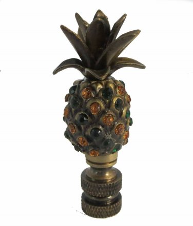ANTIQUE BRASS PINEAPPLE LAMP SHADE FINIAL W/ AMBER & DARK GREEN GLASS