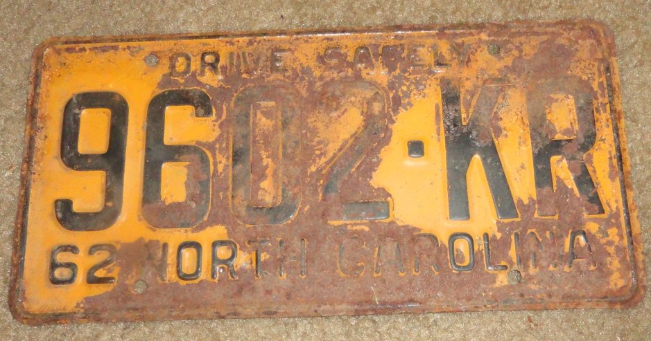 1962 9602 KR North Carolina license plate